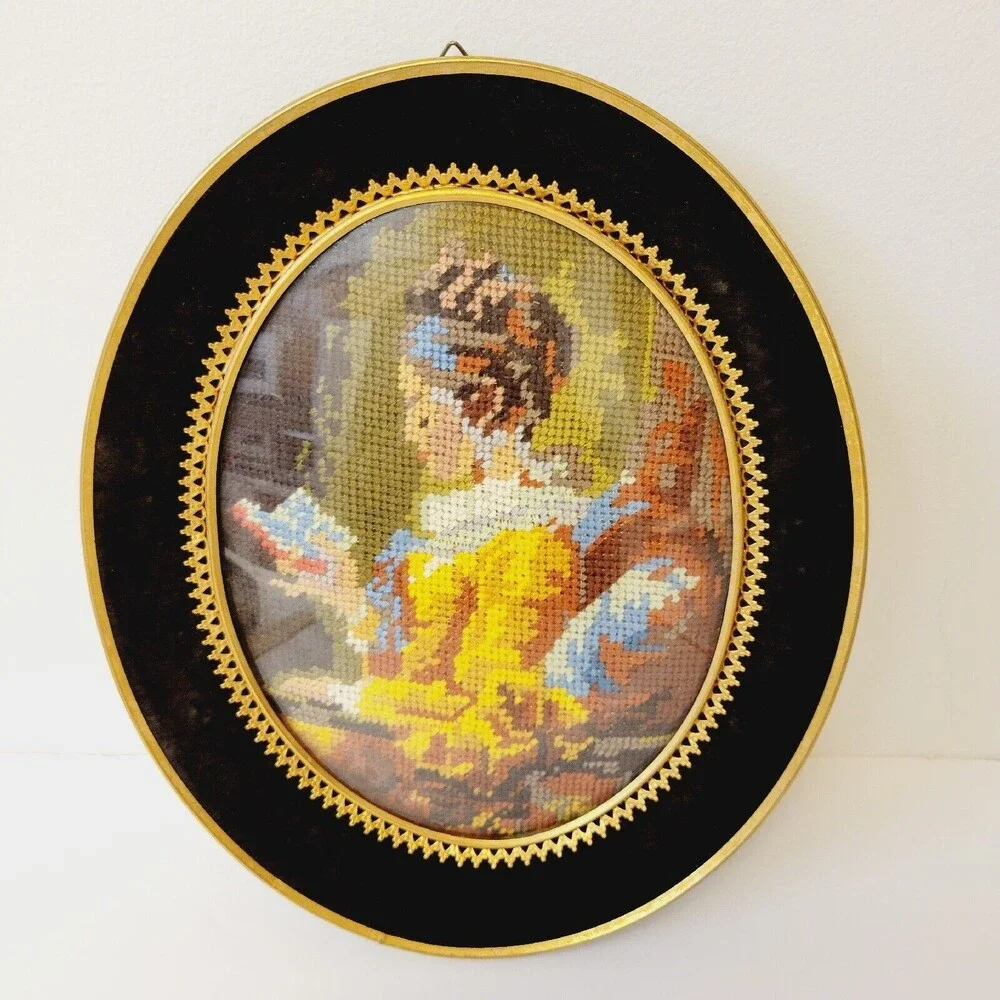 Vintage Handmade Needlepoint Portrait Oval Velvet And Brass Ormolu Wood Frame